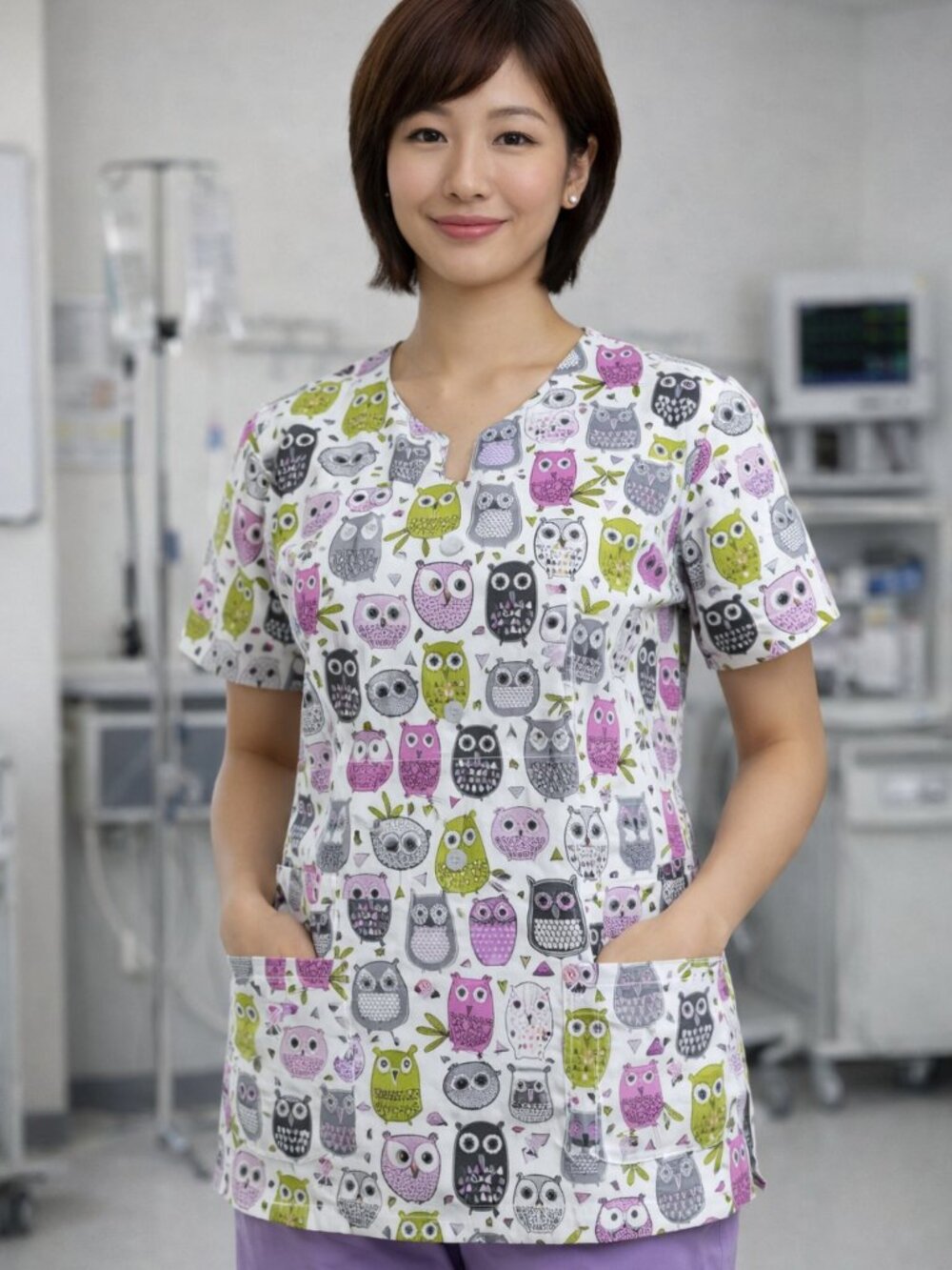 Owl Print Multicolor Nurses Uniform Top